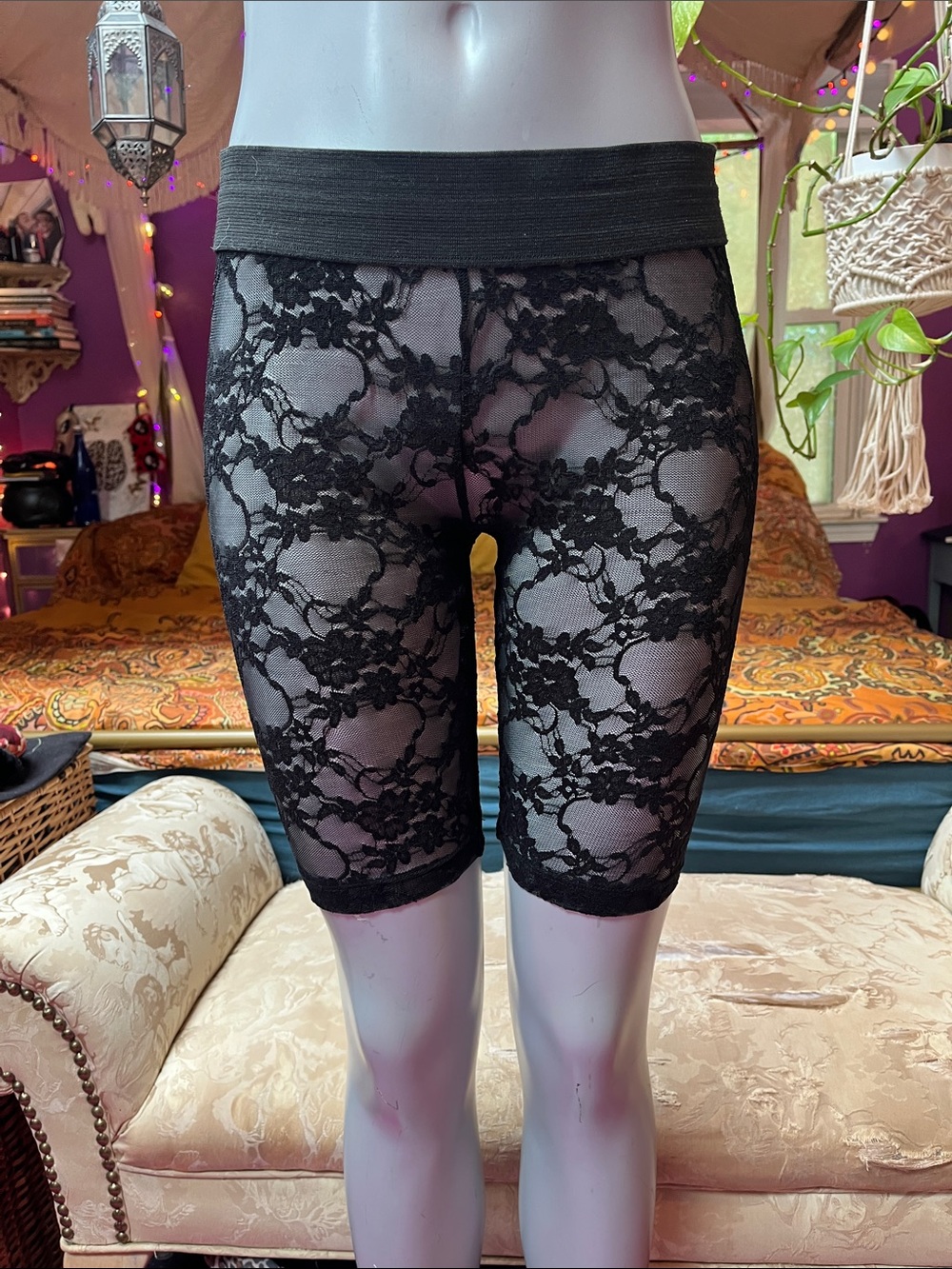 Vintage Y2K Goth Grunge black lace sheer biker shorts